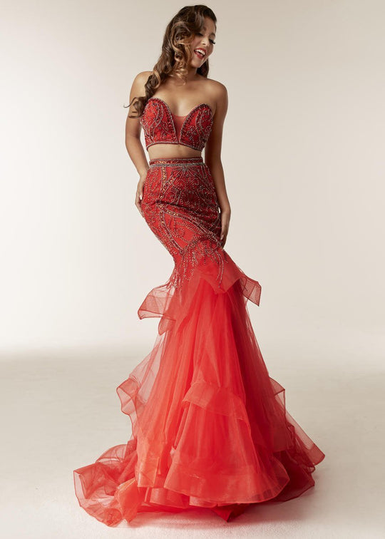 Jasz Couture - 6242 Two Piece Strapless Beaded Mermaid Gown In Red