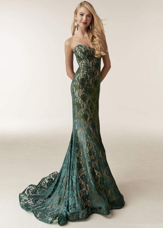 Jasz Couture - 6247 Beaded Lace Strapless Fitted Gown In Green