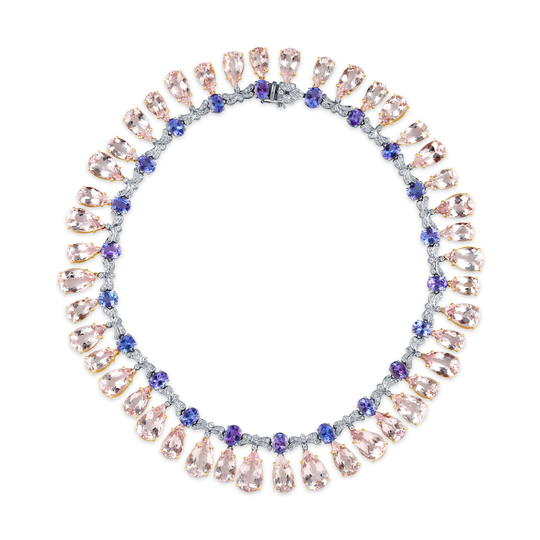 Tanzanite, Morganite & Diamond Queens Necklace in 18k White and Rose Gold