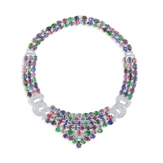 Multicolor Spinal, Tanzanite, Tsavorite Garnet and Diamond Necklace in 18k White Gold