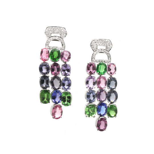 Tresor Collection - Multicolor Spinal, Tanzanite, Tsavorite Garnet and Diamond Earrings in 18k White Gold