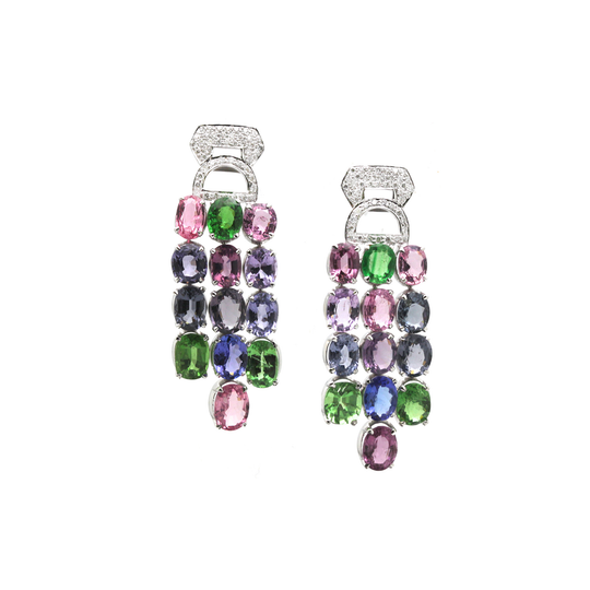 Multicolor Spinal, Tanzanite, Tsavorite Garnet and Diamond Earrings in 18k White Gold