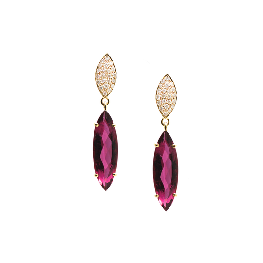 Pink Tourmaline Marquise and Diamond Earrings in 18k Yellow Gold