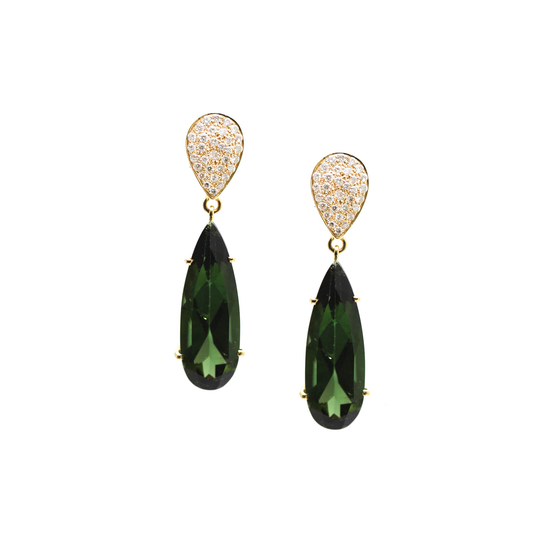 Green Tourmaline & Diamond Earrings In 18k Yellow Gold