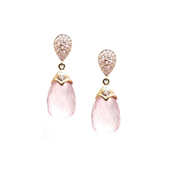 18K Yellow Gold, Rose Quartz and Diamond Earrings with Pave Top