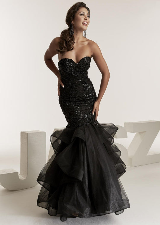 Jasz Couture - 6283 Strapless Beaded Tiered Mermaid Gown In Black