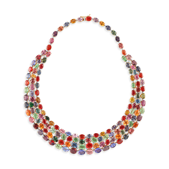 Multicolor Spinel, Tsavorite Garnet, Mandarine Garnet, Tanzanite, Tourmaline and Diamond necklace set in 18k Yellow Gold