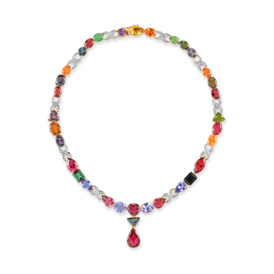 Multicolor Tourmaline, Tsavorite Garnet, Mandarine Garnet, Tanzanite and Diamond Necklace in 18kt Yellow Gold