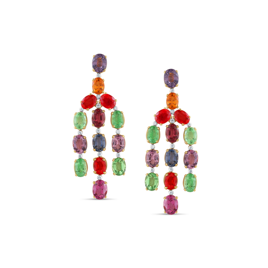 Multicolor Spinel, Tsavorite Garnet, Mandarine Garnet, Tanzanite, Tourmaline and Diamond Earrings set in 18k Yellow Gold