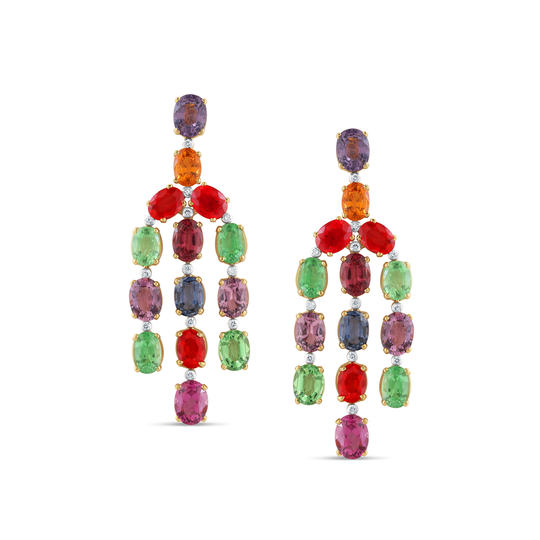 Tresor Collection - Multicolor Spinel, Tsavorite Garnet, Mandarine Garnet, Tanzanite, Tourmaline and Diamond Earrings set in 18k Yellow Gold
