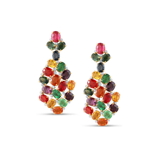 Multicolor Spinel, Tsavorite Garnet, Mandarine Garnet, Tanzanite, Tourmaline and Diamond Earrings set in 18k Yellow Gold