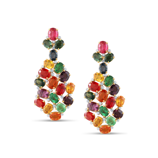 Tresor Collection - Multicolor Spinel, Tsavorite Garnet, Mandarine Garnet, Tanzanite, Tourmaline and Diamond Earrings set in 18k Yellow Gold