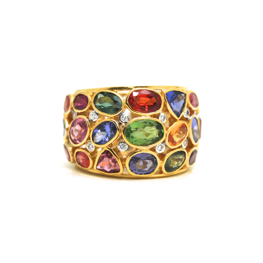 Tresor Collection - Multi Color Spinel, Mandarine Garnet, Tanzanite, Tourmaline and Diamonds Ring in 18k Yellow Gold