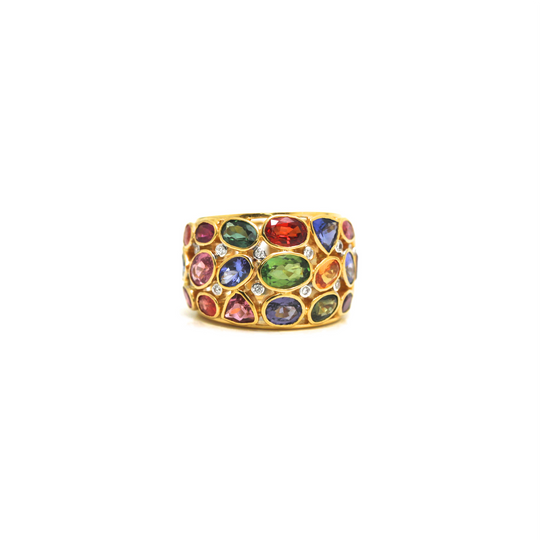 Multi Color Spinel, Mandarine Garnet, Tanzanite, Tourmaline and Diamonds Ring in 18k Yellow Gold