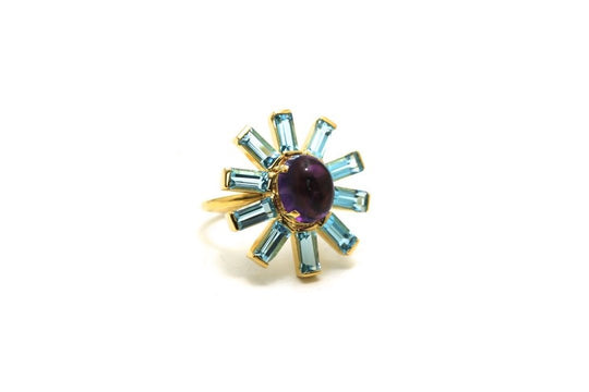 Amethyst Oval & Sky Blue Topaz Square Ring In 18K Yellow Gold