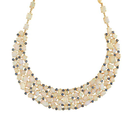 Ethiopian Opal and Blue Sapphire Necklace In 18K Yellow Gold