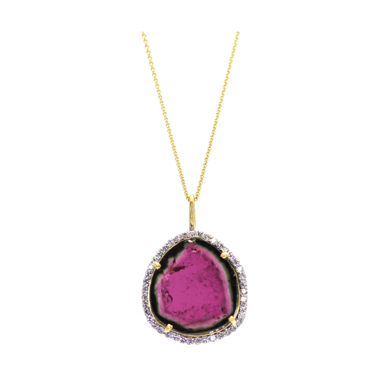 Biocolor Tourmaline Pendant with Diamond Pave all around in 18K Yellow Gold