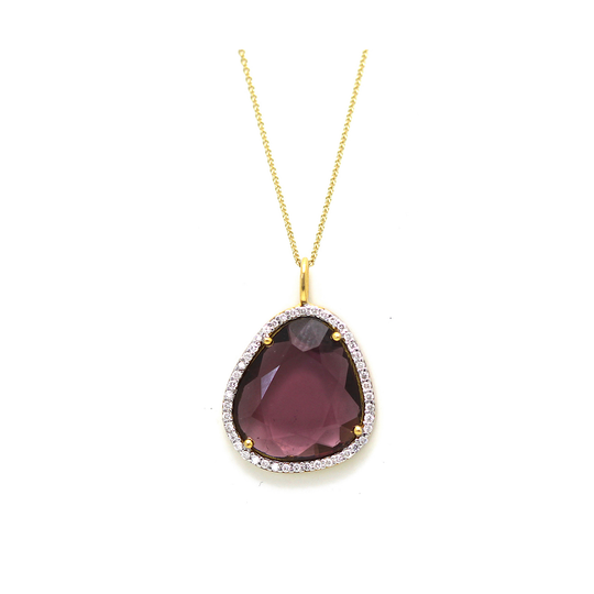 Pink Tourmaline Pendant with Diamond Pave all around in 18K Yellow Gold