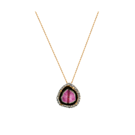 Bicolor Tourmaline Pendant with Diamond Pave all around in 18k Yellow Gold
