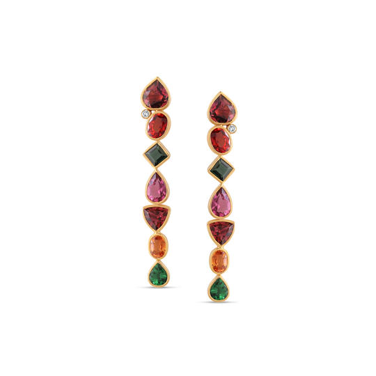18K Yellow Gold Earring with Multicolor Tourmaline, Tsavorite Garnet, Mandrian Garnet and Diamond