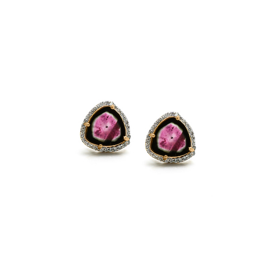 Bi-color Tourmaline Stud Earrings with Diamond Pave In 18K Yellow Gold