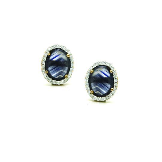 Blue Sapphire Stud Earrings with Diamond Pave all around in 18k Yellow Gold