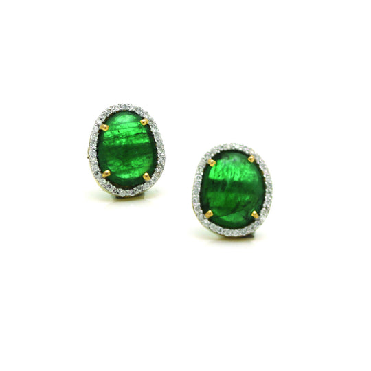 Emerald Stud Earrings with Diamond Pave all around in 18k Yellow Gold
