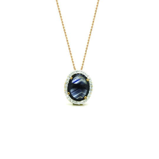 Blue Sapphire Pendant with Diamond Pave all around in 18k Yellow Gold