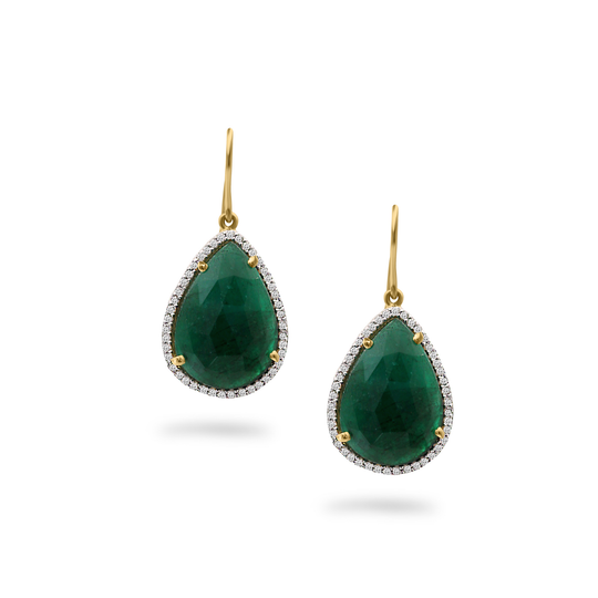 Emerald Pear & Diamond Pave Earring in 18k Yellow Gold