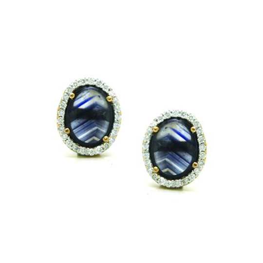Tresor Collection - Blue Sapphire Stud Earrings with Diamond Pave all around in 18k Yellow Gold