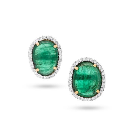 Tresor Collection - Emerald Stud Earrings with Diamond Pave all around in 18k Yellow Gold