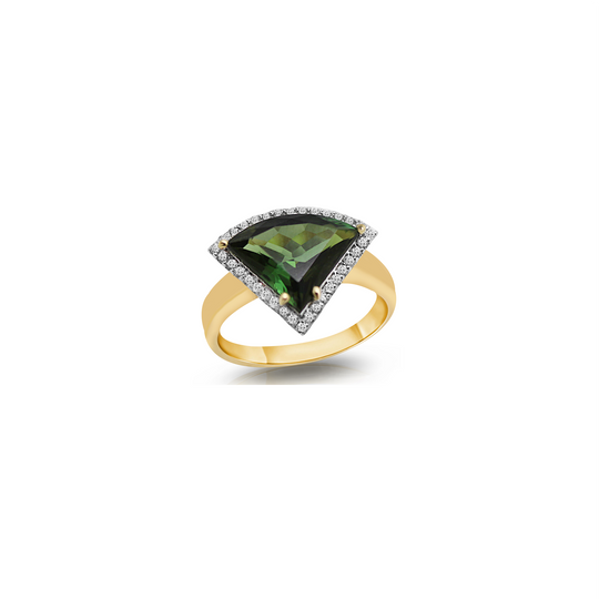 Green Tourmaline Trillion With Diamond Pave All Round Ring In 18K Yellow Gold