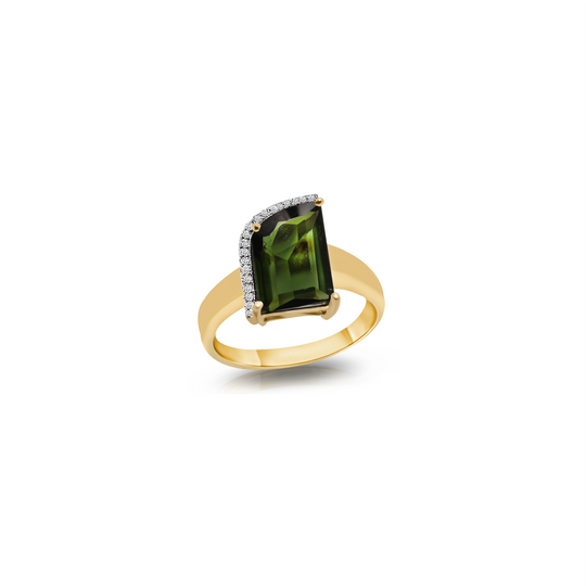 Green Tourmaline With Diamond Pave All Round Ring In 18K Yellow Gold