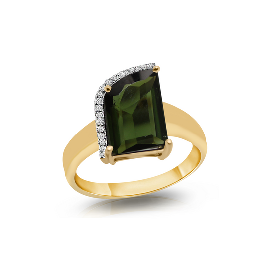 Tresor Collection - Green Tourmaline With Diamond Pave All Round Ring In 18K Yellow Gold
