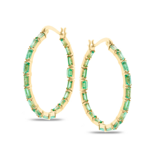 Tresor Collection - Gemstone Hoop Round Earring in 18k Yellow Gold Emerald