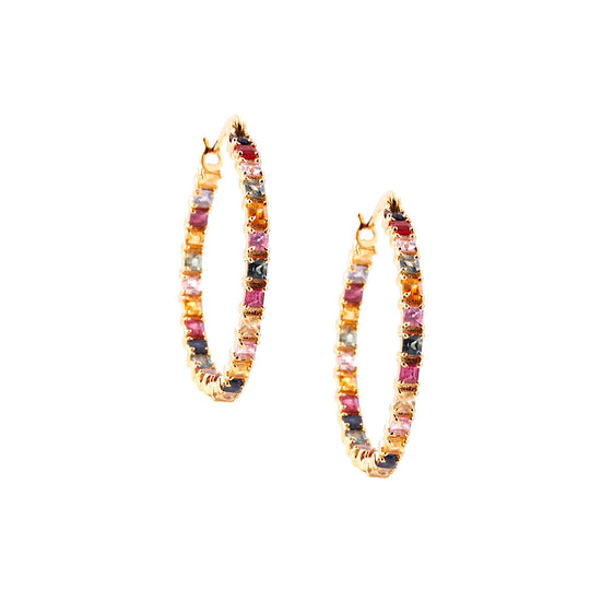 Tresor Collection - Multicolor Stones Square Hoop Earring in 18K Yellow Gold