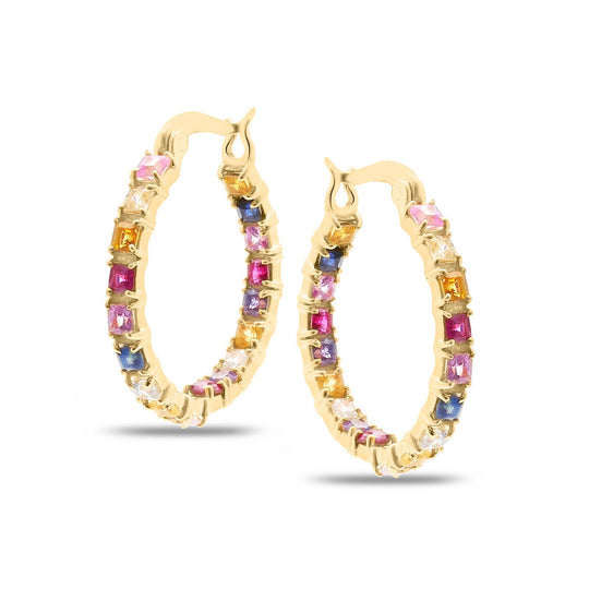Tresor Collection - Multicolor Stones Square Hoop Earring in 18K Yellow Gold