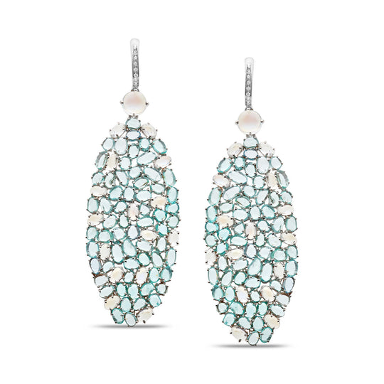 Tresor Collection - Rainbow Moonstone, Paraiba Tourmaline & Diamond Earring in 18K White Gold