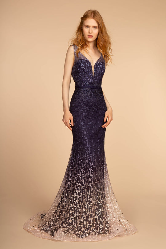 Elizabeth K - GL2556 Trailing Floral Ombre Mermaid Gown In Blue and Purple