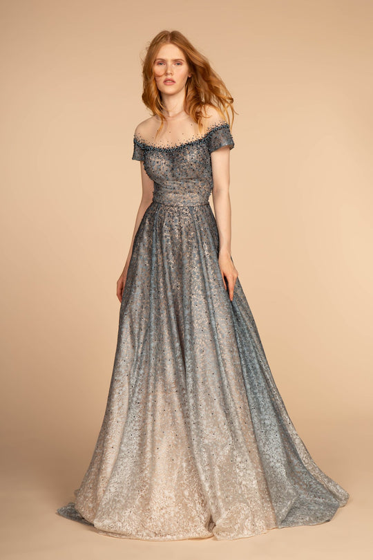 Elizabeth K - GL2558 Two Tone Embellished Lace A-line Gown In Gray and Blue