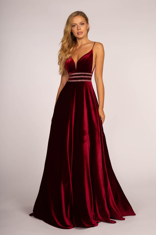 Elizabeth K - GL2584 Illusion Plunging Neck Sleeveless Velvet Gown In Red