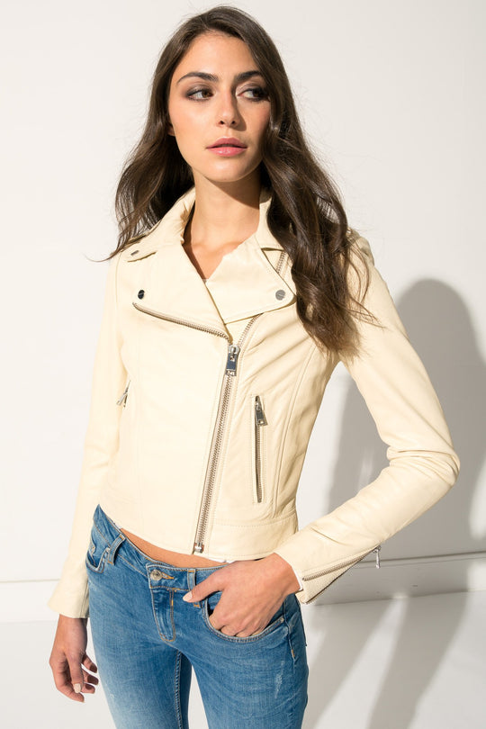 DONNA Beige Classic Biker Jacket  | DONNA Veste de motard classique beige