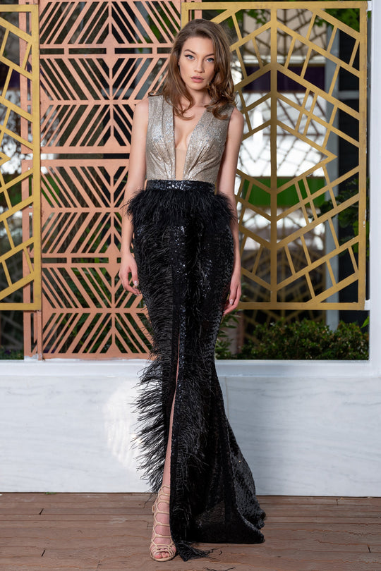 Cristallini - SKA 886 Feather-Fringed High Slit Sequined Gown In Gold and Black