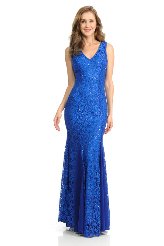 Lenovia - 5172 Sleeveless Glittering Lace Trumpet Gown In Blue