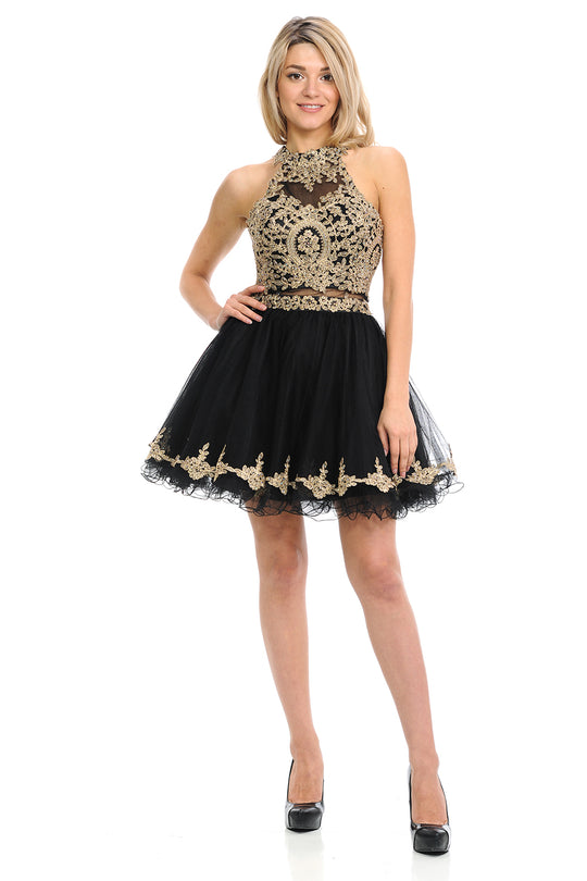 Lenovia - 8015 Gold Lace Appliqued Keyhole Cutout A-Line Dress In Black