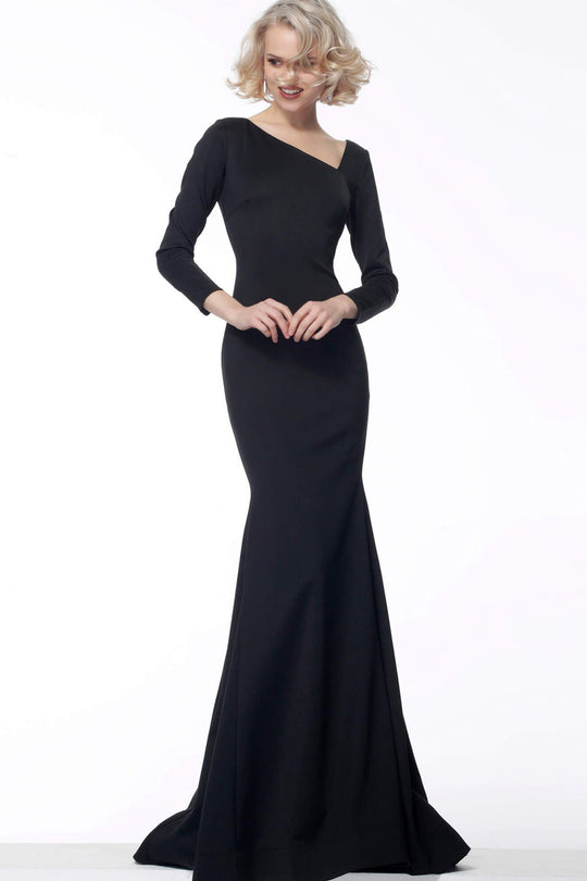 Jovani - 68663 Asymmetrical Long Sleeves Trumpet Dress In Black
