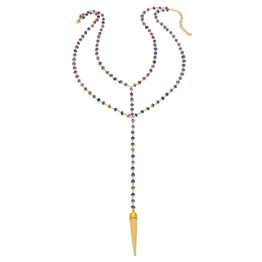Double Y Gemstone Necklace - White Bone Spike w/ Iolite