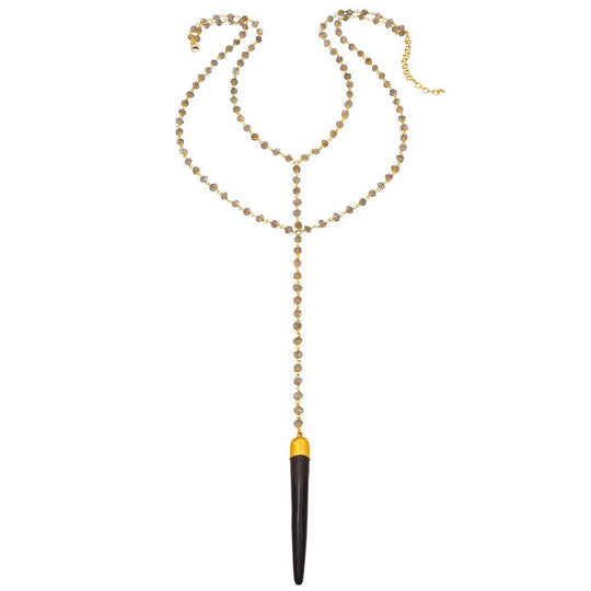 Double Y Gemstone Necklace - Black Bone Spike w/ Labradorite