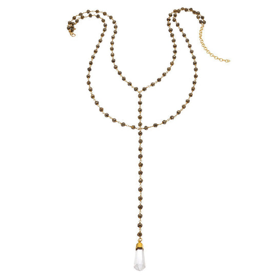 Double Y Gemstone Necklace - Crystal Quartz Point w/ Pyrite