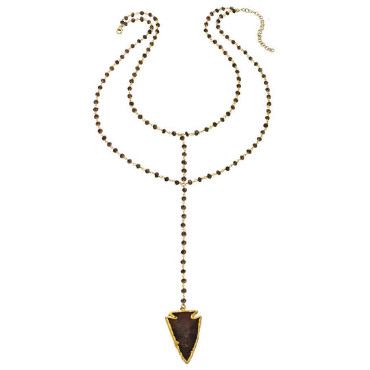 Double Y Gemstone Necklace - Agate Arrowhead w/ Smokey Quartz